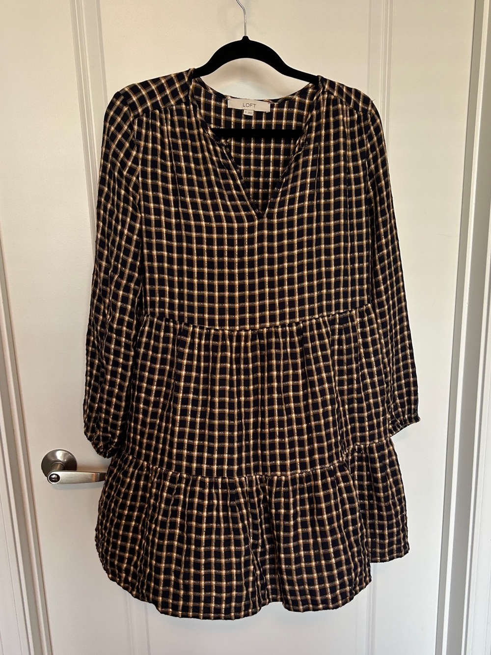 LOFT Black and Tan Plaid Long Sleeve Tiered Dress